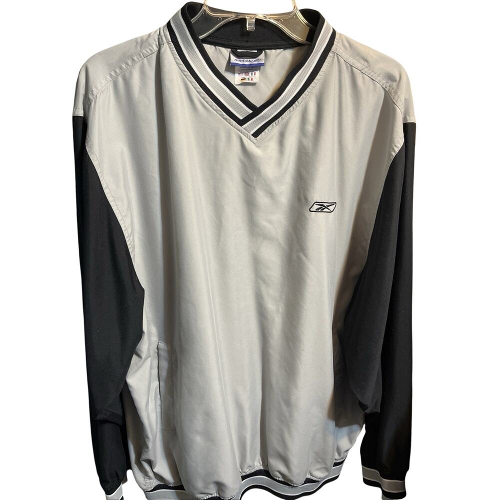 Vintage Reebok Pullover Jacket Mens L Gray Black LS Windbreaker V Neck Retro 90s